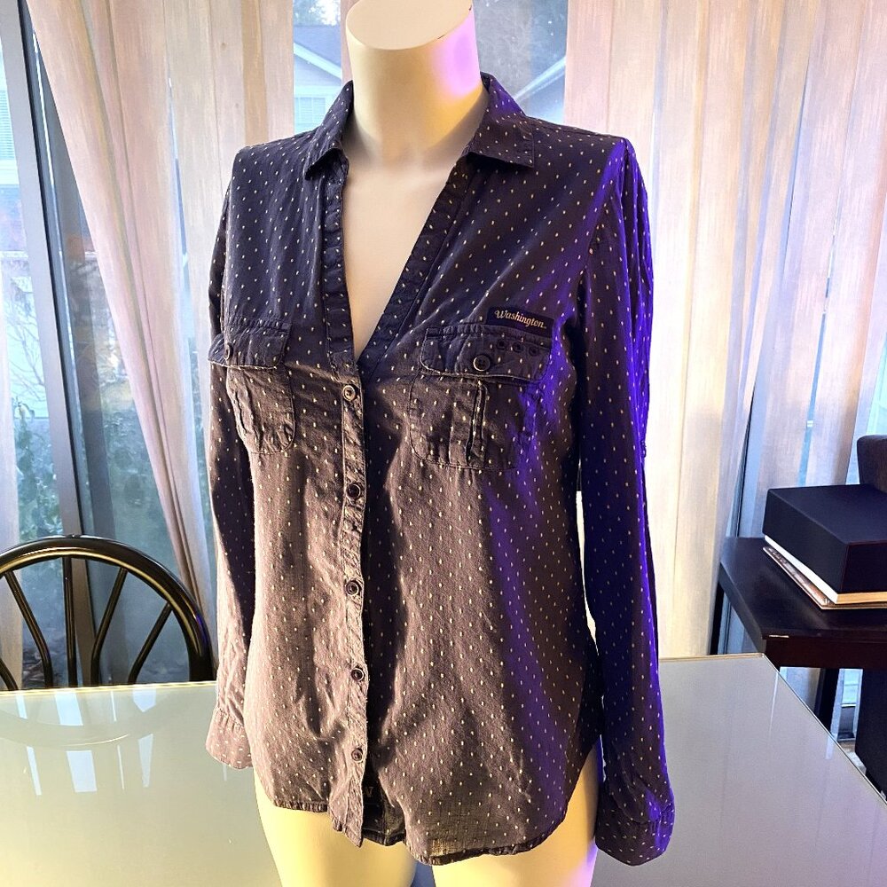 Columbia Navy University of Washington UW Long Sleeved Shirt Blouse Dot S Small
